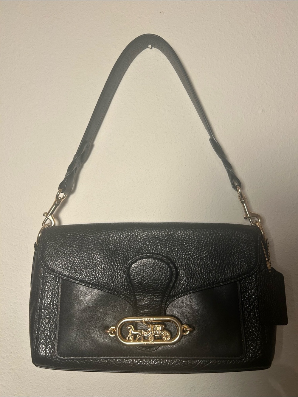 Coach Jade Black Leather Shoulder Bag with Gold-Tone Horse & Carriage Plaque